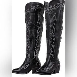 Black Embroidered Knee-High Boots lace up cowboy 8 x wide calf western women’s